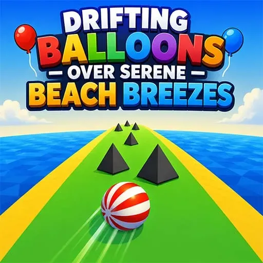 Drifting Balloons Over Serene Beach Breezes game icon featuring a striped ball rolling along a tropical ocean track with obstacles