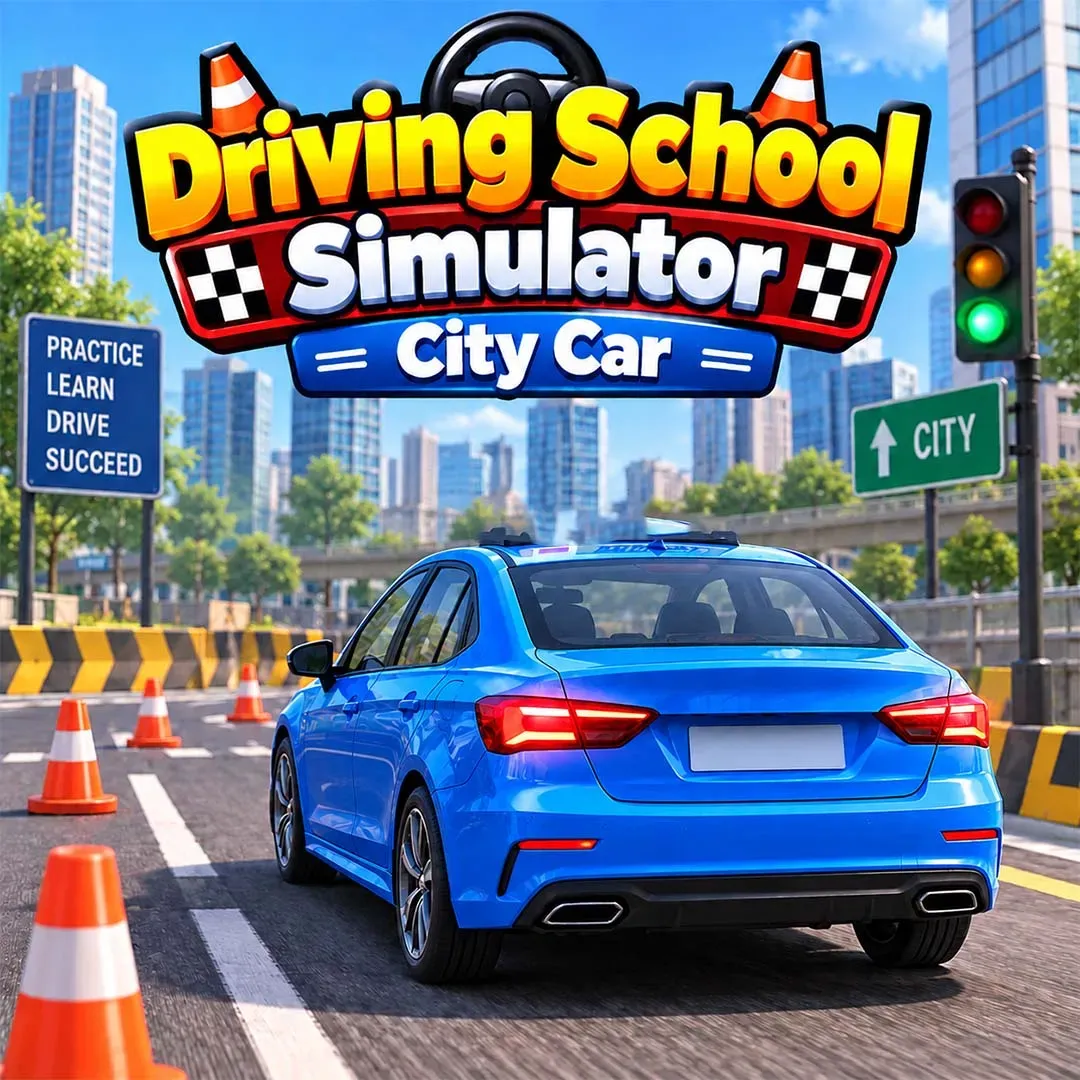 Driving School Simulator City Car game featuring a blue car practicing on a city driving course with traffic cones and traffic lights.