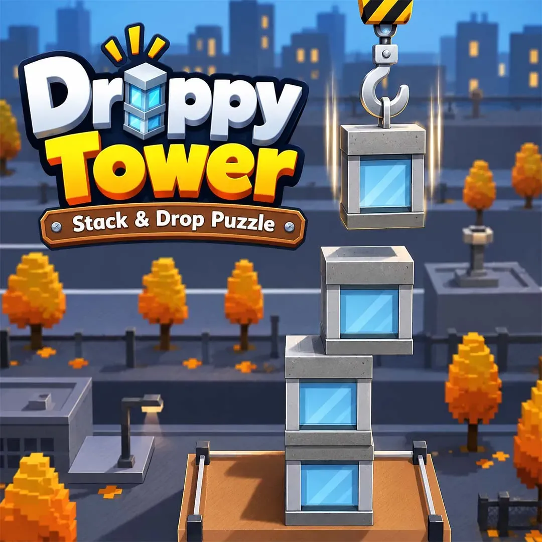 Droppy Tower Stack and Drop Puzzle game featuring stacked glass blocks being carefully dropped from a crane.