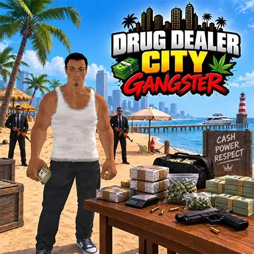 Drug Dealer City Gangster game featuring a gangster standing on a beach beside tables covered with cash, packages, and other crime-related items.