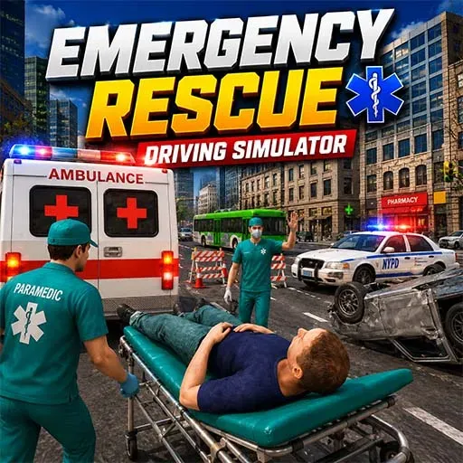 Emergency Rescue Driving Simulator game icon featuring paramedics loading a patient into an ambulance after a road accident