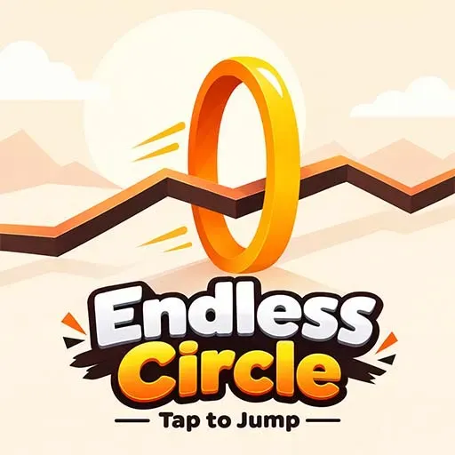 Endless Circle game icon featuring an orange and yellow ring jumping over a zigzag path against a soft pastel landscape background.