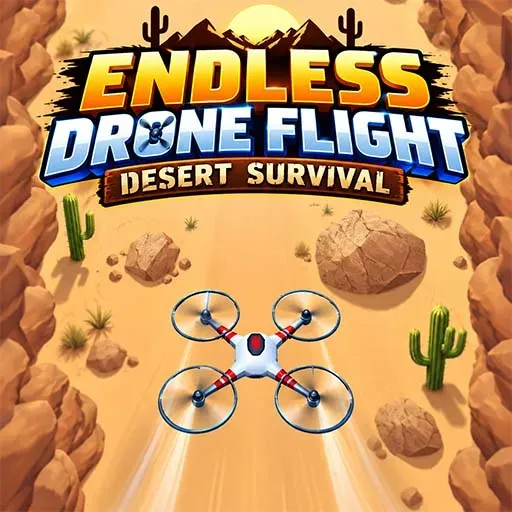 Endless Drone Flight Desert Survival game icon featuring a quadcopter drone flying through a sandy desert surrounded by rocks, cacti, and mountains.