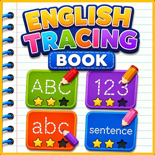 English Tracing Book game featuring alphabet, numbers, and sentence writing practice to help kids improve handwriting and early learning skills