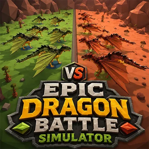 Epic Dragon Battle Simulator game icon featuring green and red dragons facing each other on opposite sides of a battlefield
