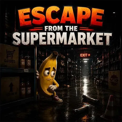 "Escape From the Supermarket game icon featuring a frightened banana character hiding inside a dark supermarket while searching for the exit in a spooky adventure."
