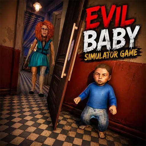 Evil Baby Simulator Game featuring a creepy child in a dark hallway, with a frightening woman approaching from behind, an eerie interior, and dramatic horror atmosphere.