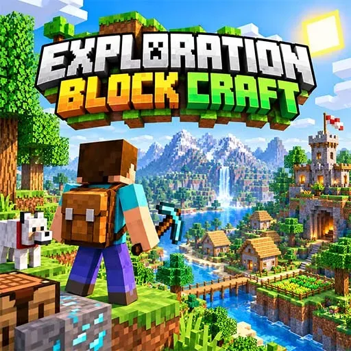 Exploration Block Craft game featuring a blocky character exploring a colorful world with mountains, a village, river, trees, and a dog.