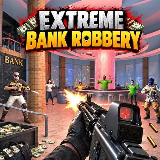 Extreme Bank Robbery game icon showing armed robbers inside a bank, a first-person view of a rifle firing in the foreground, scattered cash, bank counters, and people in the background.