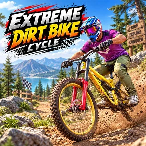 Extreme Dirt Bike Cycle game featuring a rider on a yellow dirt bike racing along a rugged mountain trail.