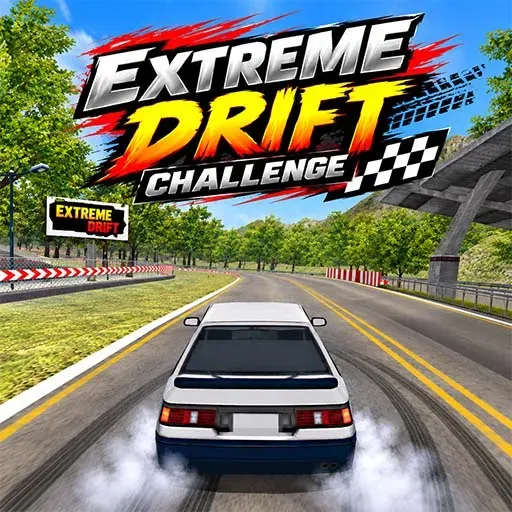Extreme Drift Challenge game featuring a white sports car drifting on a winding race track with tire smoke.