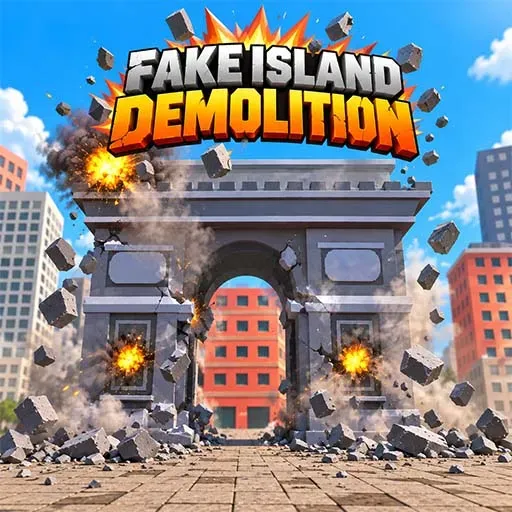 Fake Island Demolition game featuring a large stone arch collapsing in a city square with explosions, smoke, and flying debris.