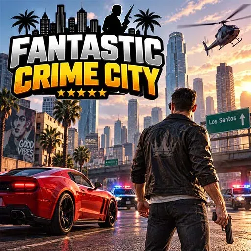 Fantastic Crime City game featuring a man with a gun standing beside a red sports car in a city with police cars and a helicopter.