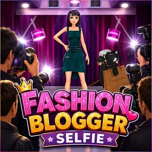 Fashion Blogger Selfie game featuring a woman posing on a stage while photographers take pictures, with a fashion-themed backdrop and clothing display.