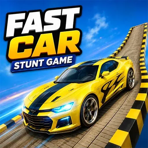 Fast Car Stunt Game featuring a yellow sports car on a steep stunt ramp under a bright blue sky.
