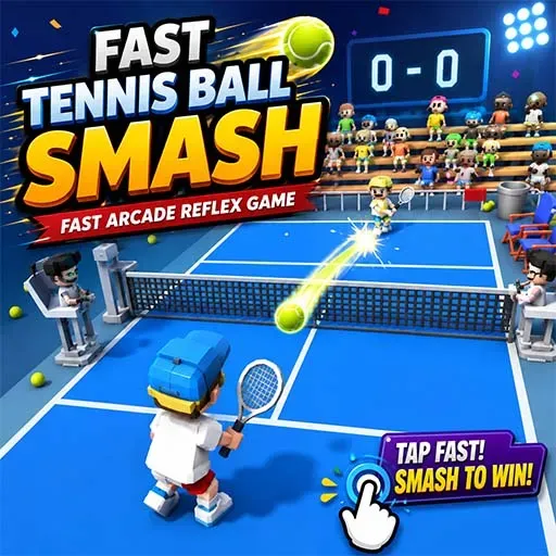 Fast Tennis Ball Smash game icon featuring cartoon tennis players hitting a glowing tennis ball across a blue court with spectators in the stadium