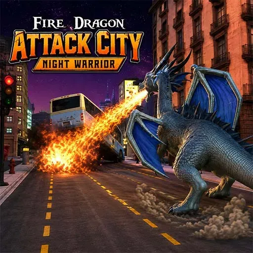 Fire Dragon Attack City game icon featuring a blue dragon breathing fire at vehicles on a city street at night