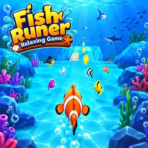 Fish Runner Relaxing Game featuring an orange-and-white clownfish swimming through a vibrant underwater world with colorful coral, bubbles, tropical fish, golden coins, and sharks in the distance.