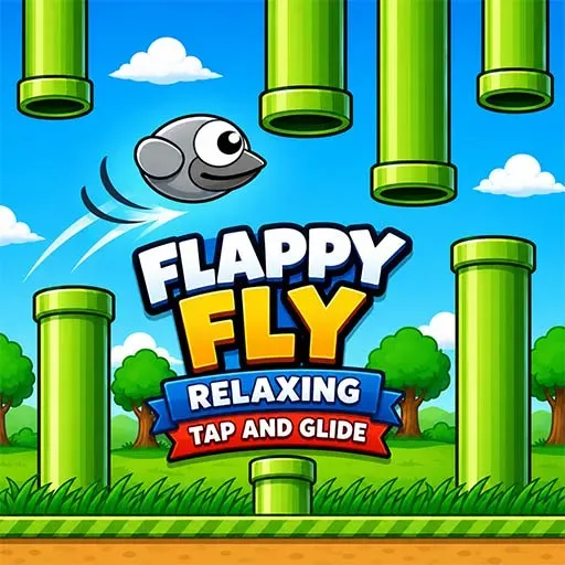 Flappy Fly Relaxing Tap and Glide game icon featuring a cartoon flying bird navigating between green pipes against a bright blue sky