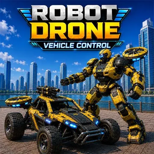 Flying Robot Drone Vehicle Control game featuring a yellow robotic vehicle and humanoid robot with hovering drone components in a futuristic city.