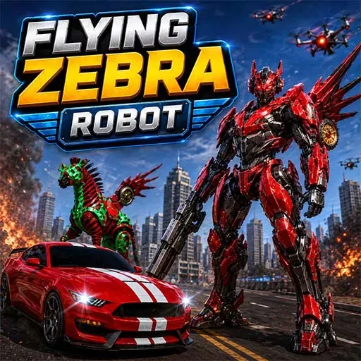 Flying Zebra Robot game icon featuring a red transforming robot, a flying zebra-themed robot, a red sports car, and a city skyline with drones in the background