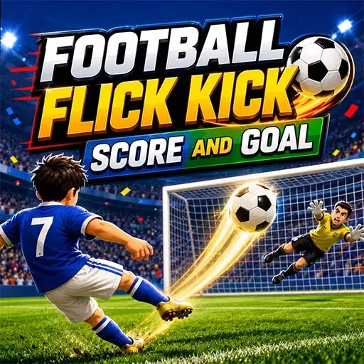 Football Flick Kick Score and Goal game icon featuring a soccer player taking a powerful shot toward the goal with a goalkeeper attempting to save the ball