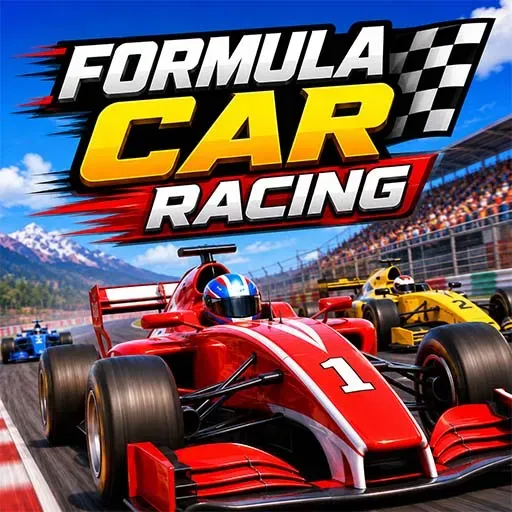 Formula Car Racing game icon featuring a red Formula racing car leading other open-wheel cars on a professional racetrack with a checkered flag