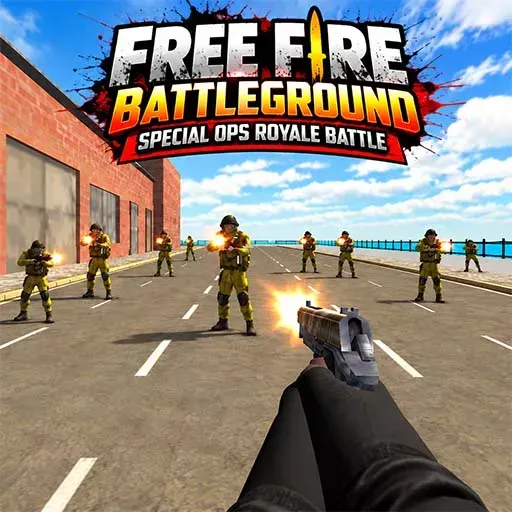 Free Fire Battleground Special Ops Royale Battle featuring a first-person soldier aiming a pistol at multiple armed opponents on a coastal battlefield.