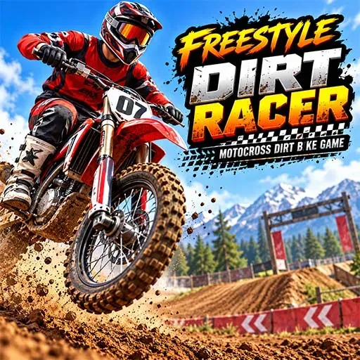 Freestyle Dirt Racer Motocross Dirt Bike Game featuring a motocross rider performing a jump on a dirt bike at an outdoor racing track.