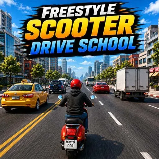 Freestyle Scooter Drive School game icon featuring a scooter rider driving through a busy city street with cars, taxis, and trucks