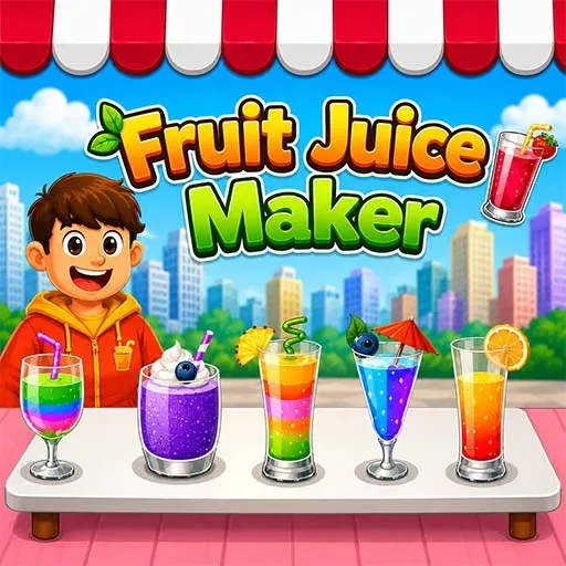 "Fruit Juice Maker game icon featuring a child serving colorful fruit juices and smoothies on a counter in a fun beverage-making simulation game."