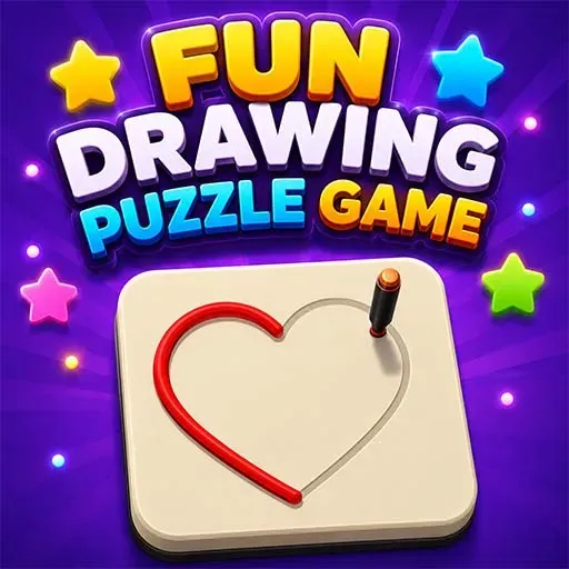 "Fun Drawing Puzzle Game icon featuring a pen completing a heart-shaped line in a colorful brain-training drawing puzzle with creative sketch gameplay."