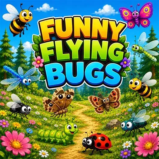 Funny Flying Bugs game icon featuring colorful bees, butterflies, dragonflies, caterpillars, and ladybugs in a bright flower-filled garden