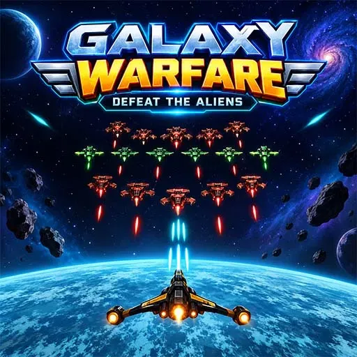 Galaxy Warfare: Defeat the Aliens game featuring a spaceship battling waves of alien aircraft above Earth in outer space.