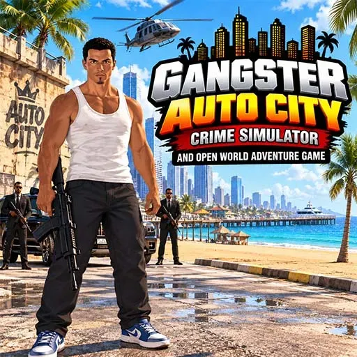 Gangster Auto City Crime Simulator game featuring a gangster holding a gun on a city street with armed characters, a helicopter, and a coastal city background