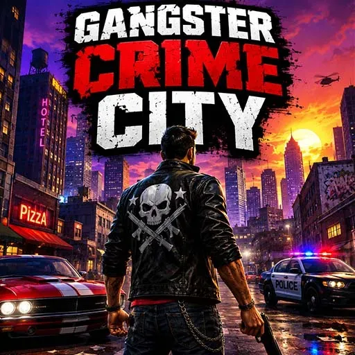 Gangster Crime City game icon featuring a gangster holding a gun in a city street with police cars and a dramatic sunset background