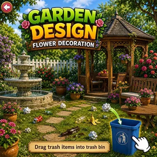 Garden Design Flower Decoration game icon featuring a colorful garden with flowers, a gazebo, fountain, and a trash bin for cleaning tasks