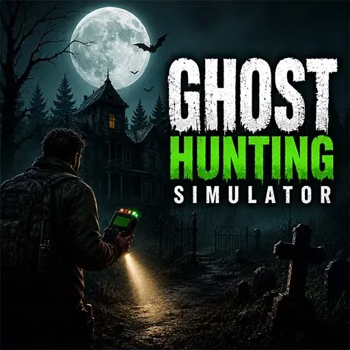 Ghost Hunting Simulator game icon featuring a ghost hunter exploring a haunted house at night with a flashlight