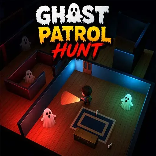 "Ghost Patrol Hunt game icon featuring a flashlight-wielding ghost hunter exploring a haunted house filled with spooky ghosts in a thrilling horror adventure."