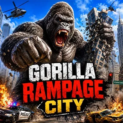Gorilla Rampage City game icon featuring a giant gorilla destroying buildings in a city while police cars and helicopters surround the scene
