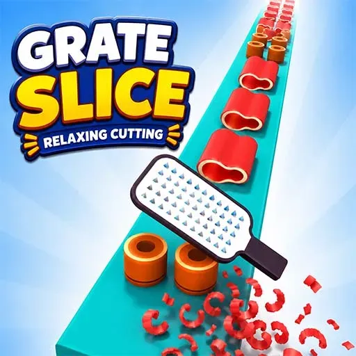 "Grate Slice Relaxing Cutting game icon featuring a handheld grater slicing colorful objects on a conveyor belt in a satisfying ASMR cutting simulation."