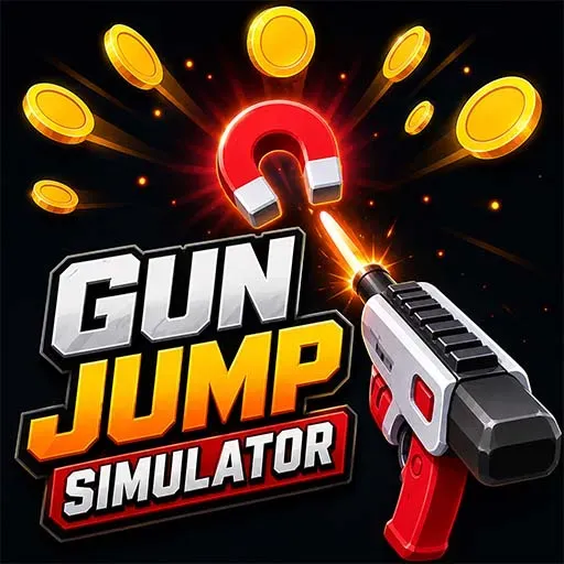 Gun Jump Simulator game icon featuring a futuristic blaster attracting coins with a magnetic force