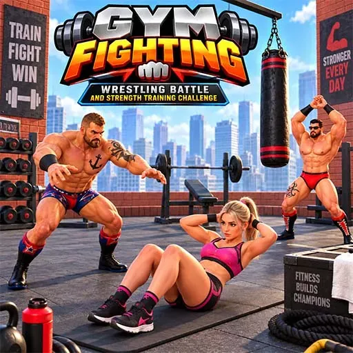 Gym Fighting Wrestling Battle and Strength Training Challenge game featuring wrestlers training with weights and a punching bag in a gym.