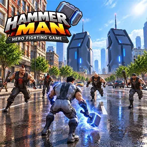 Hammer Man Hero Fighting Game featuring a muscular hero wielding a glowing hammer while facing multiple enemies on a city street.