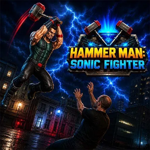 Hammer Man Sonic Fighter game icon featuring a superhero wielding giant hammers while attacking an enemy in a city at night