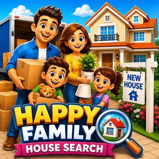"Happy Family House Search game icon featuring a smiling family moving into a new home with moving boxes, a house, and a home search theme."