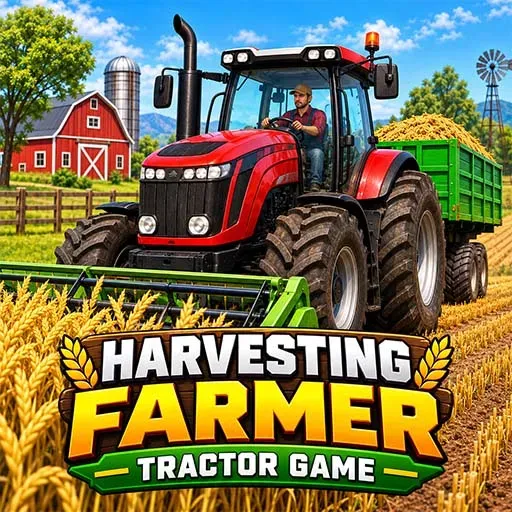 Harvesting Farmer Tractor Game icon featuring a red tractor harvesting wheat in a farm field with a green trailer, barn, silo, and windmill in the background