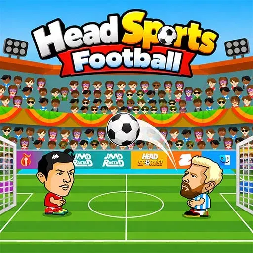 Head Sports Football game featuring two cartoon football players facing each other on a soccer field, with a football in the air, goalposts, stadium lights, and a cheering crowd in the background.