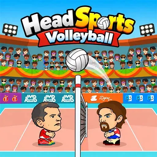 Head Sports Volleyball game featuring two cartoon volleyball players facing each other across a net, with a volleyball in the air and a large cheering crowd in the stadium.