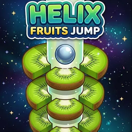 Helix Fruits Jump game icon featuring a silver ball bouncing down a tower of sliced kiwi platforms